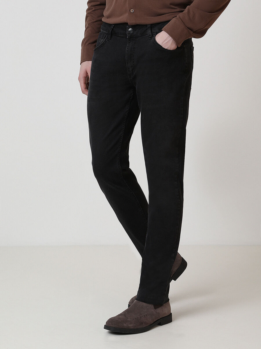 Black Slim Fit Denim Cotton Blended Trousers - 1