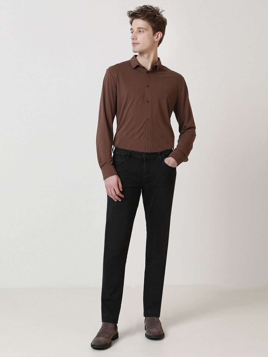 Black Slim Fit Denim Cotton Blended Trousers - 2