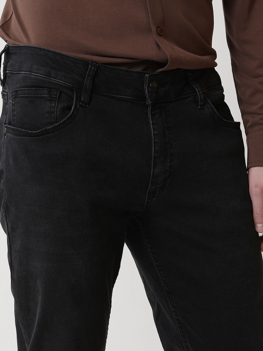 Black Slim Fit Denim Cotton Blended Trousers - 3