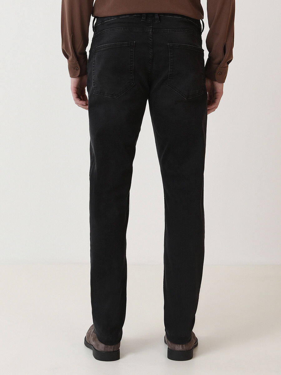 Black Slim Fit Denim Cotton Blended Trousers - 4