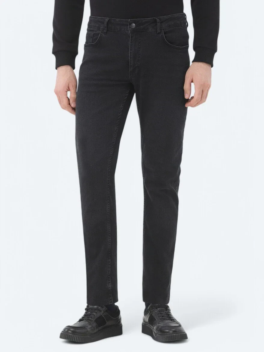 Black Slim Fit Denim Cotton Blended Trousers - 2