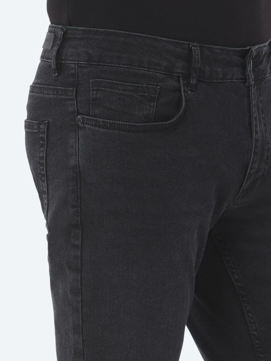 Black Slim Fit Denim Cotton Blended Trousers - 4