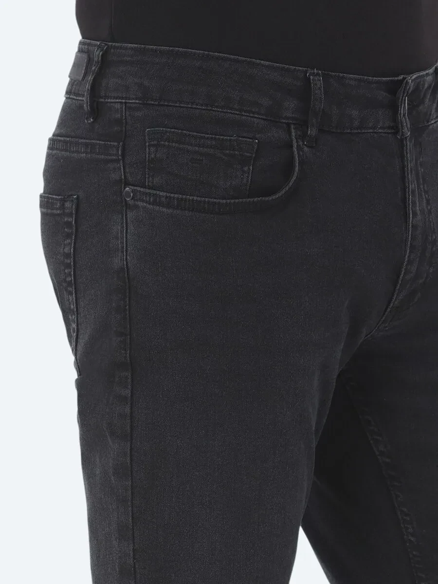 Black Slim Fit Denim Cotton Blended Trousers - 4