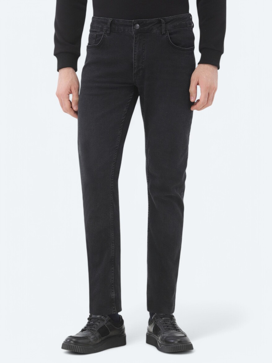 Black Slim Fit Denim Cotton Blended Trousers - 2