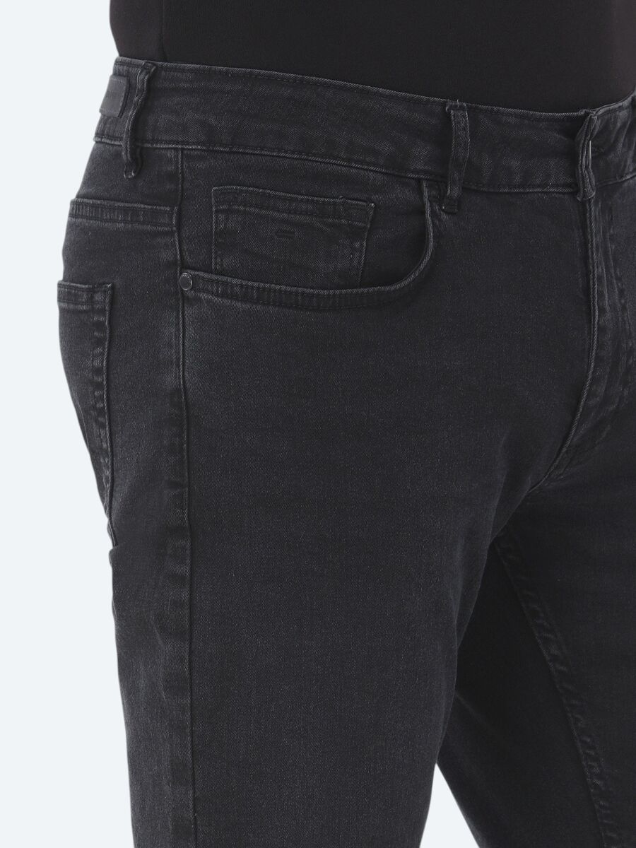 Black Slim Fit Denim Cotton Blended Trousers - 4