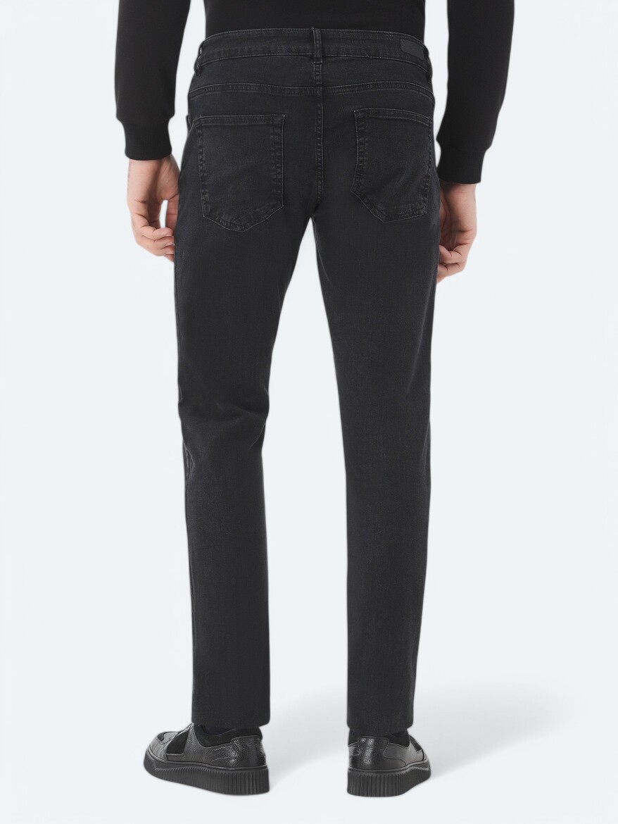 Black Slim Fit Denim Cotton Blended Trousers - 5