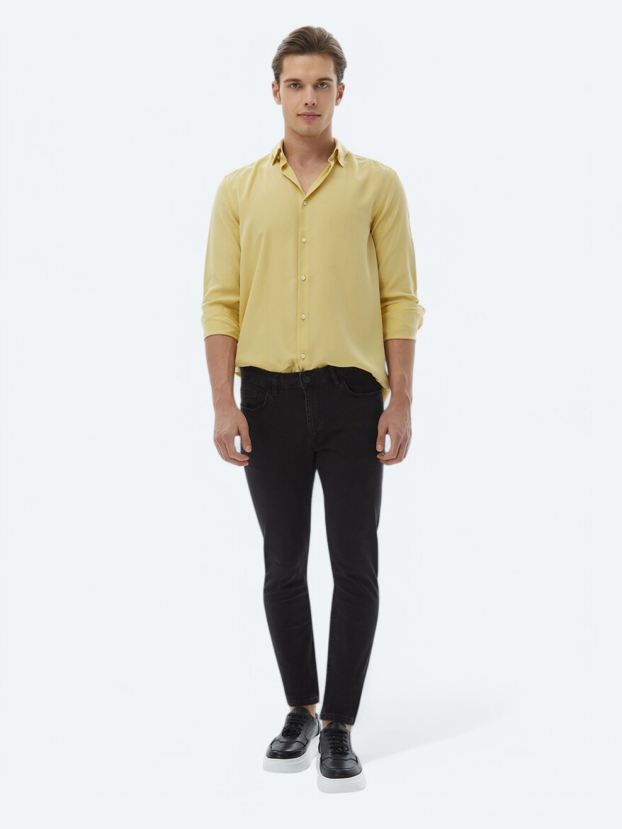 Black Slim Fit Denim Cotton Blended Trousers - 1