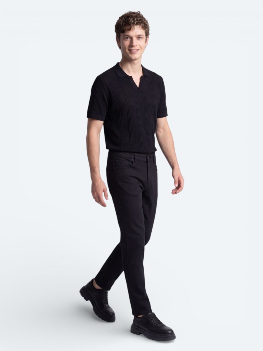 Black Slim Fit Denim Cotton Blended Trousers - 2