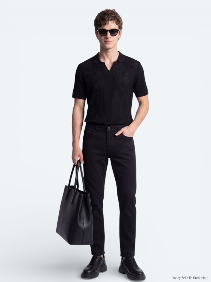 Black Slim Fit Denim Cotton Blended Trousers - KİP