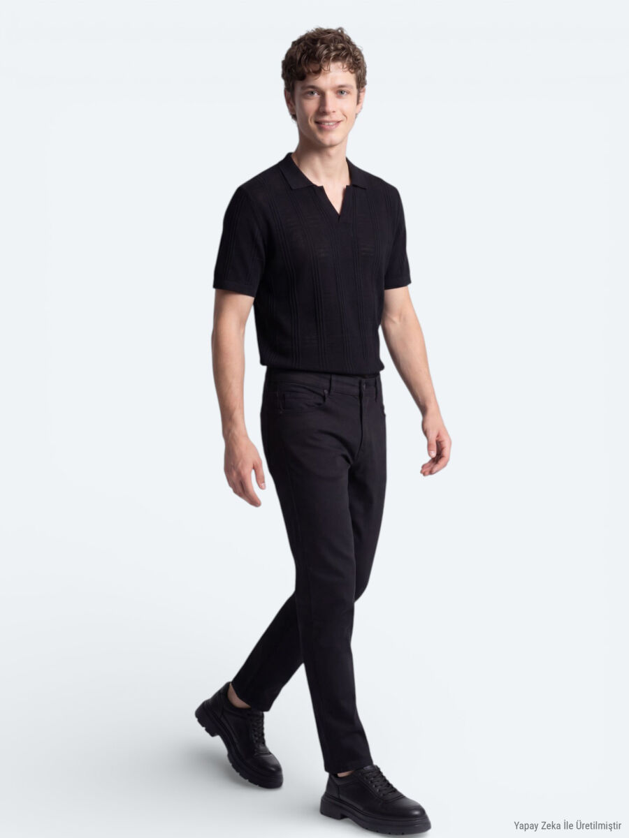 Black Slim Fit Denim Cotton Blended Trousers - 2