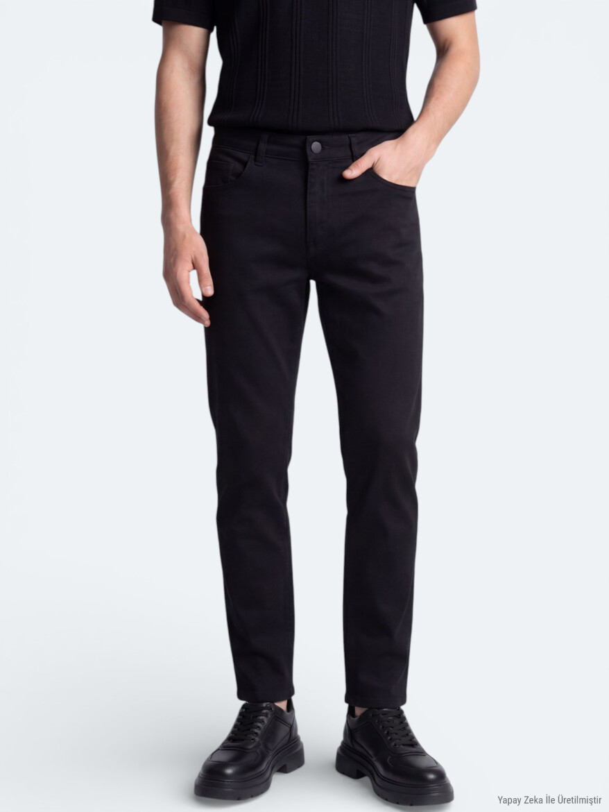 Black Slim Fit Denim Cotton Blended Trousers - 3