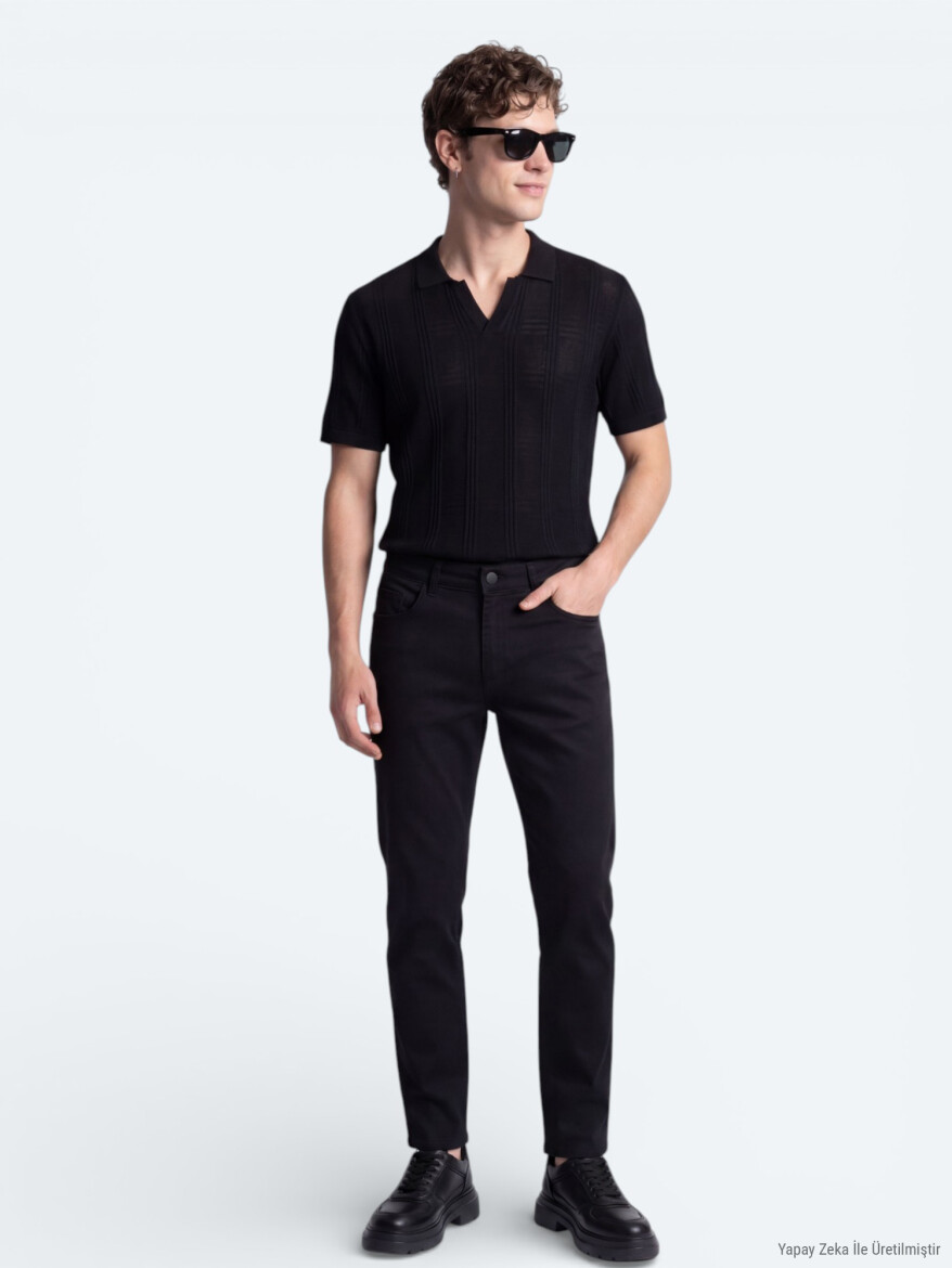Black Slim Fit Denim Cotton Blended Trousers - 4