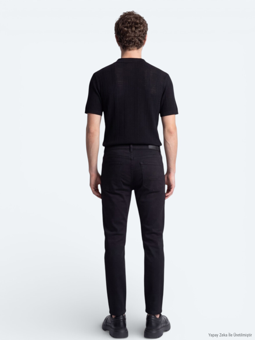 Black Slim Fit Denim Cotton Blended Trousers - 5