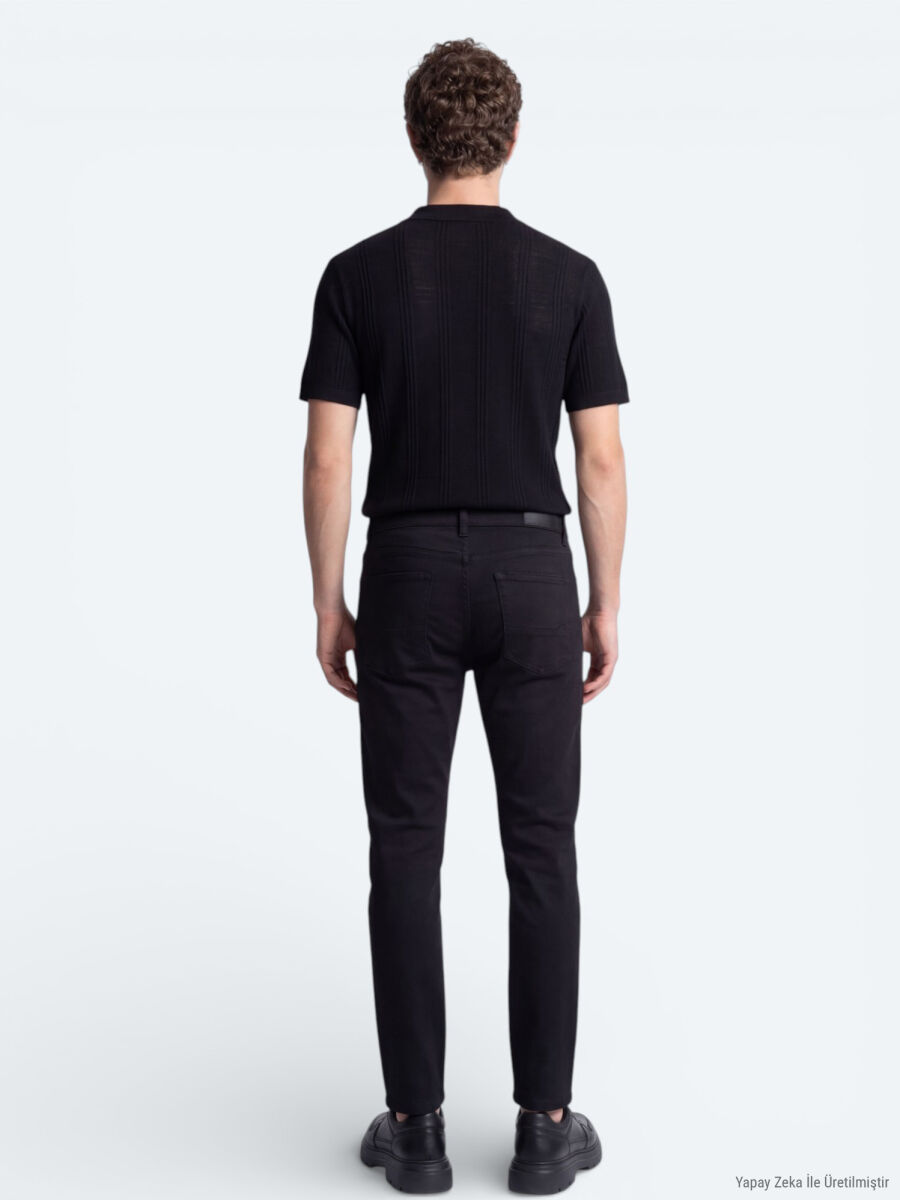 Black Slim Fit Denim Cotton Blended Trousers - 5