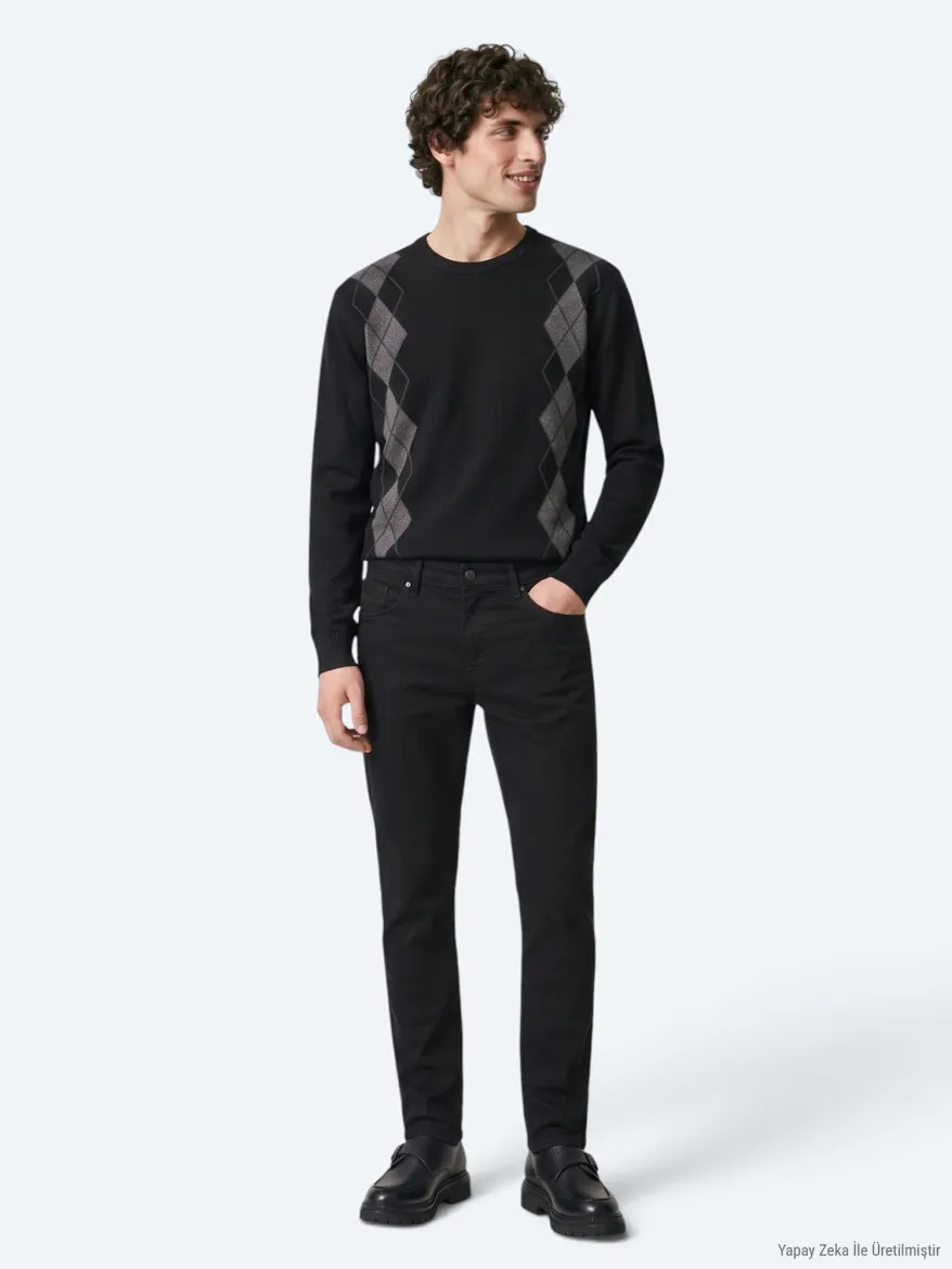 Black Slim Fit Denim Cotton Blended Trousers - KİP
