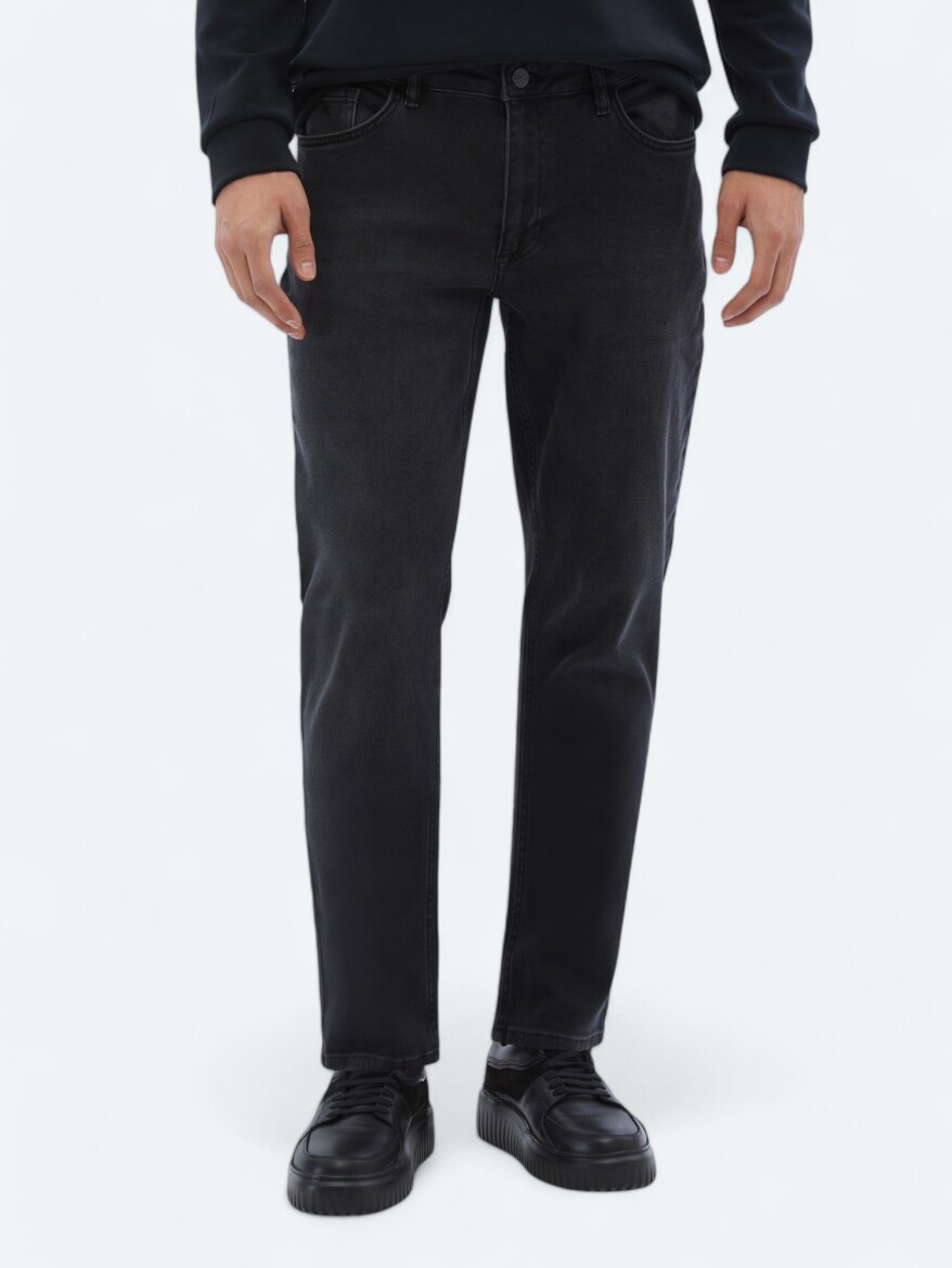 Black Slim Fit Denim Cotton Blended Trousers - 2