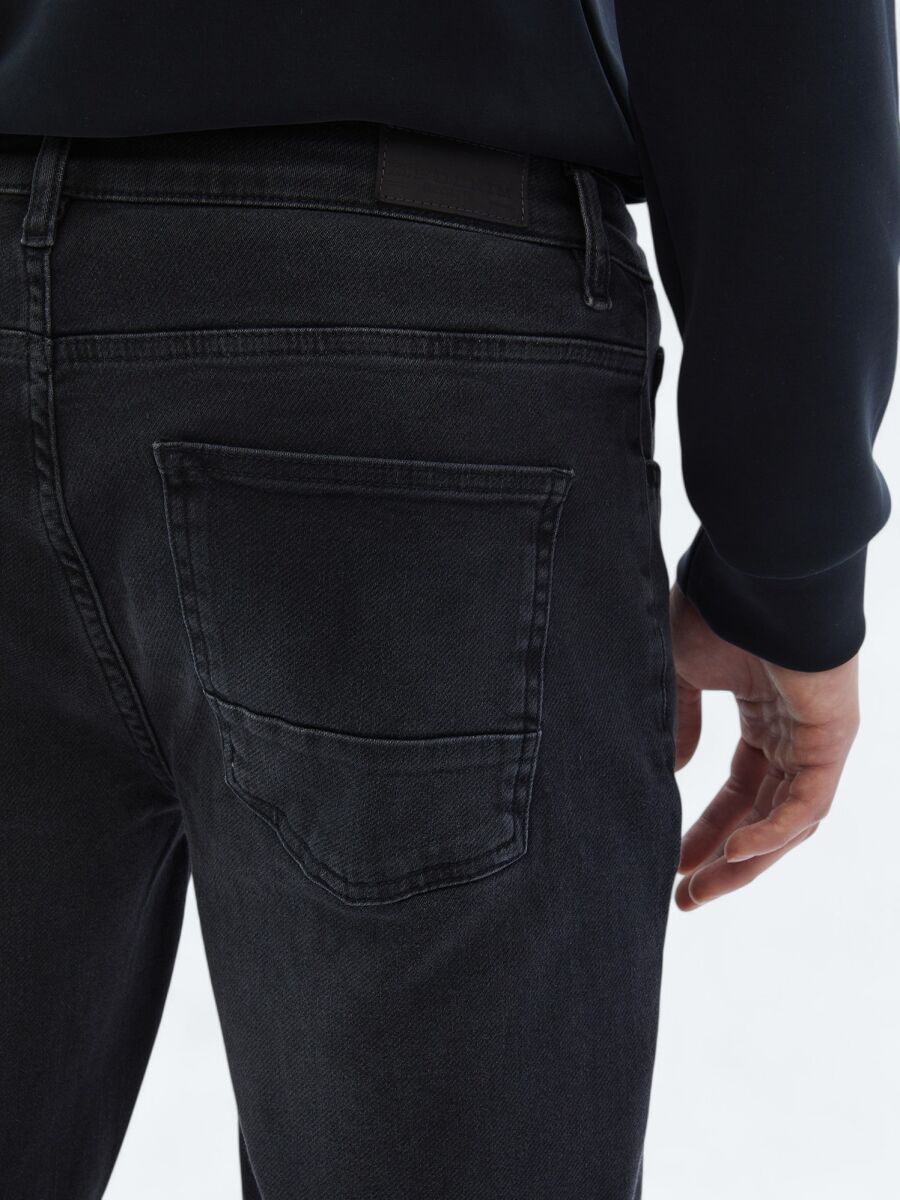 Black Slim Fit Denim Cotton Blended Trousers - 4