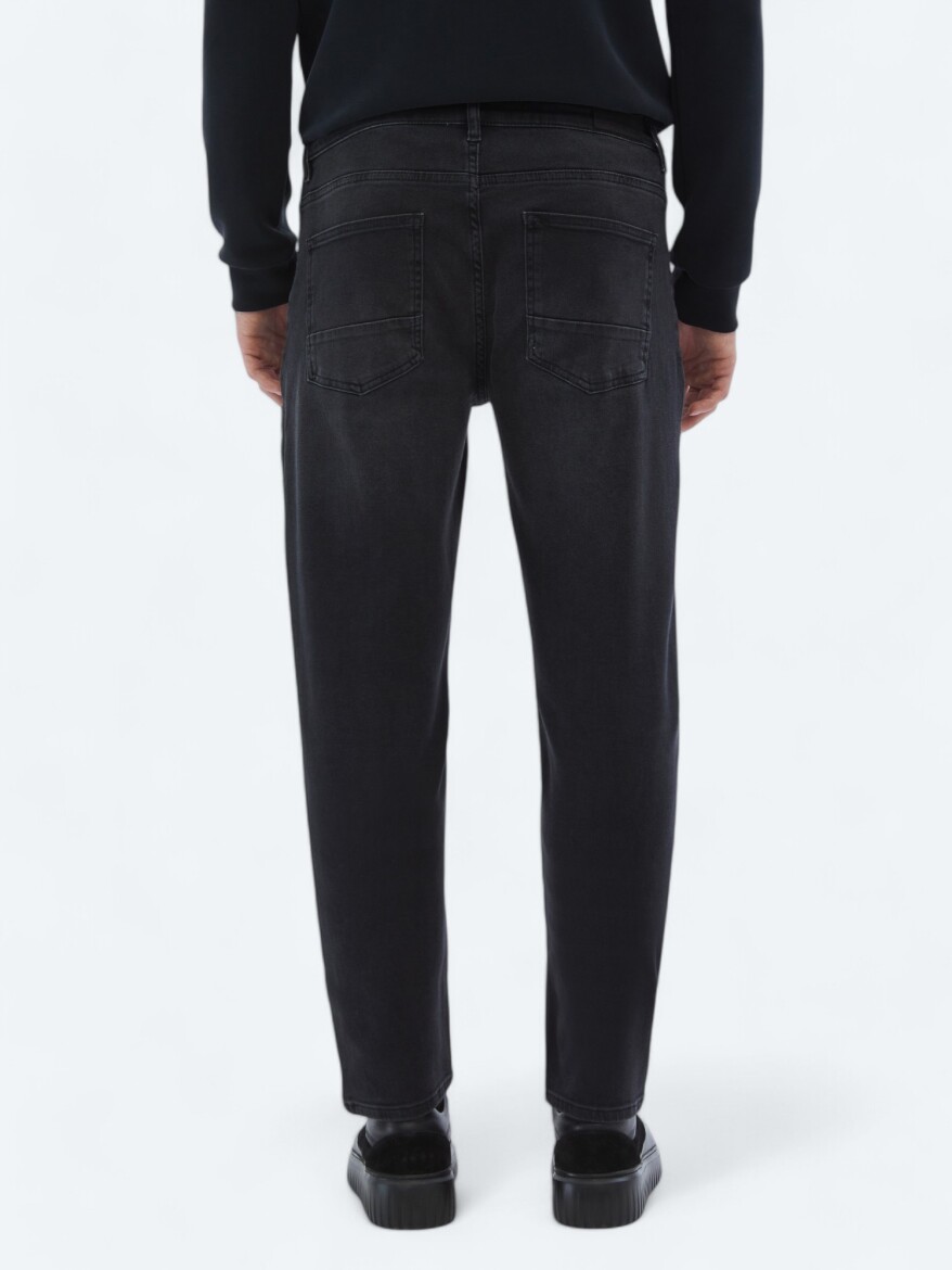 Black Slim Fit Denim Cotton Blended Trousers - 5