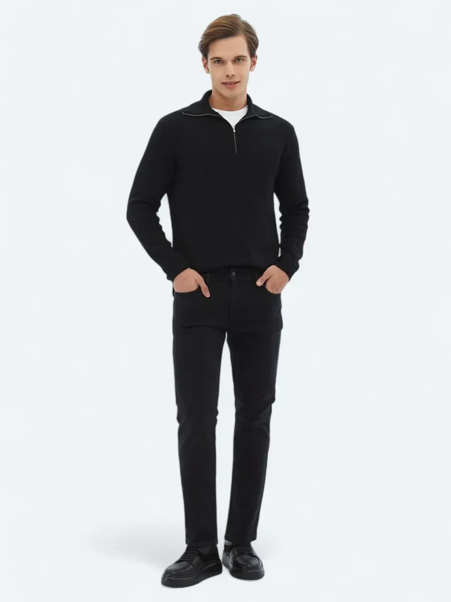 Black Slim Fit Denim Cotton Blended Trousers - 1