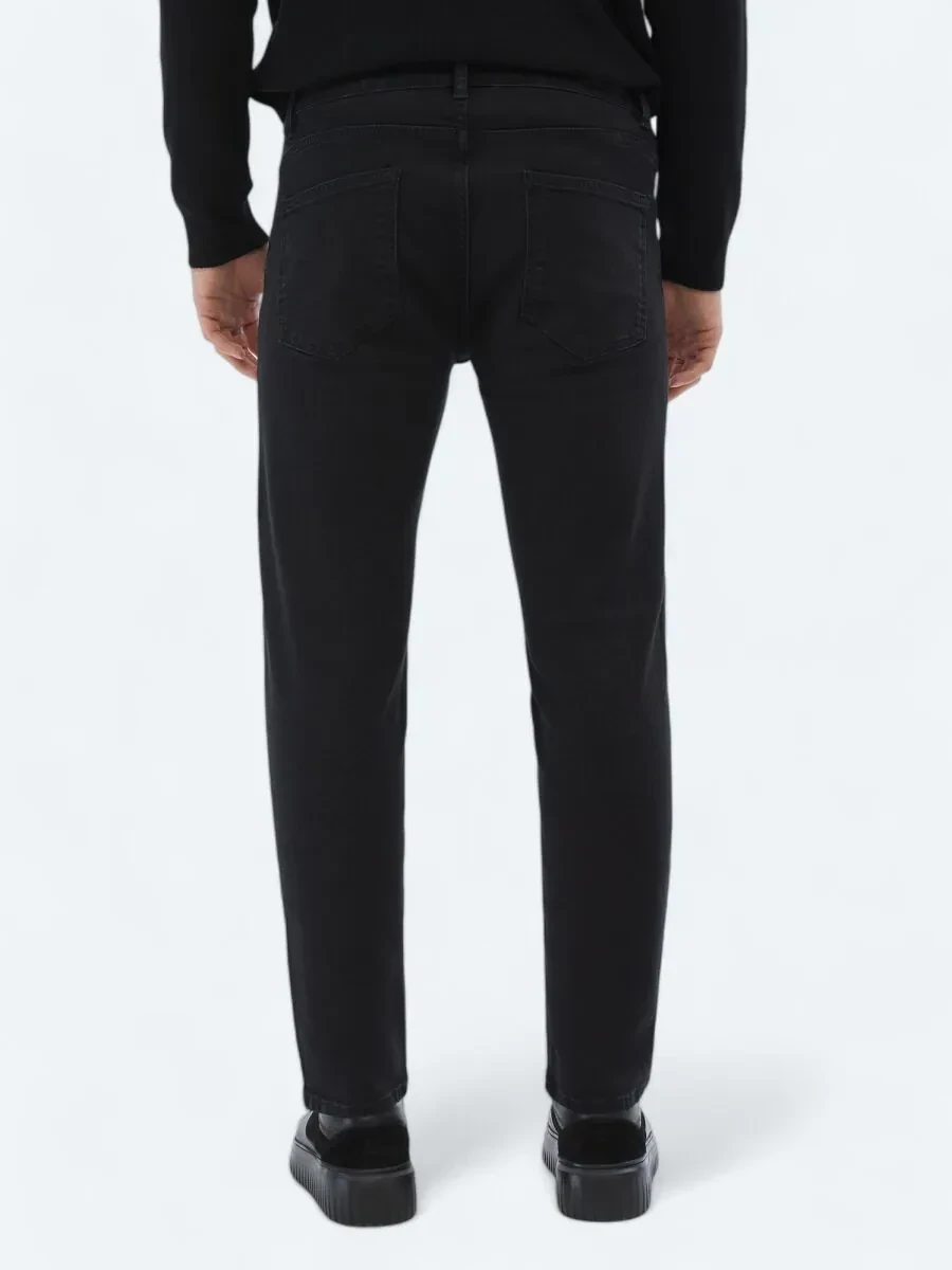 Black Slim Fit Denim Cotton Blended Trousers - 4