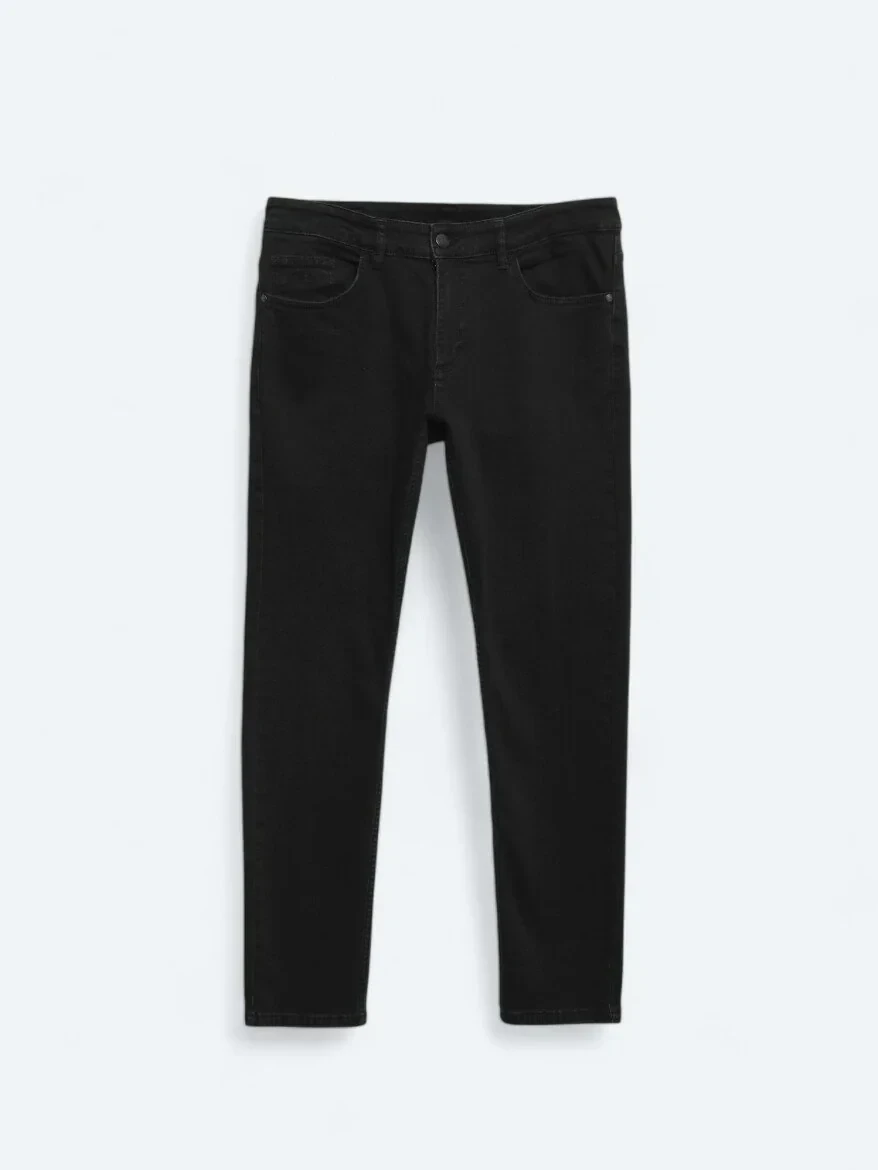 Black Slim Fit Denim Cotton Blended Trousers - 5