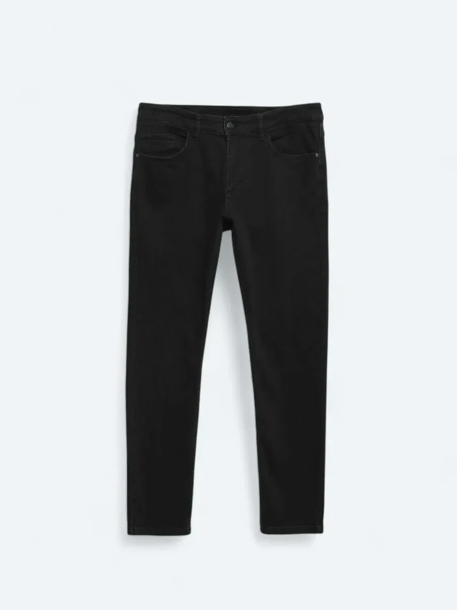 Black Slim Fit Denim Cotton Blended Trousers - 5