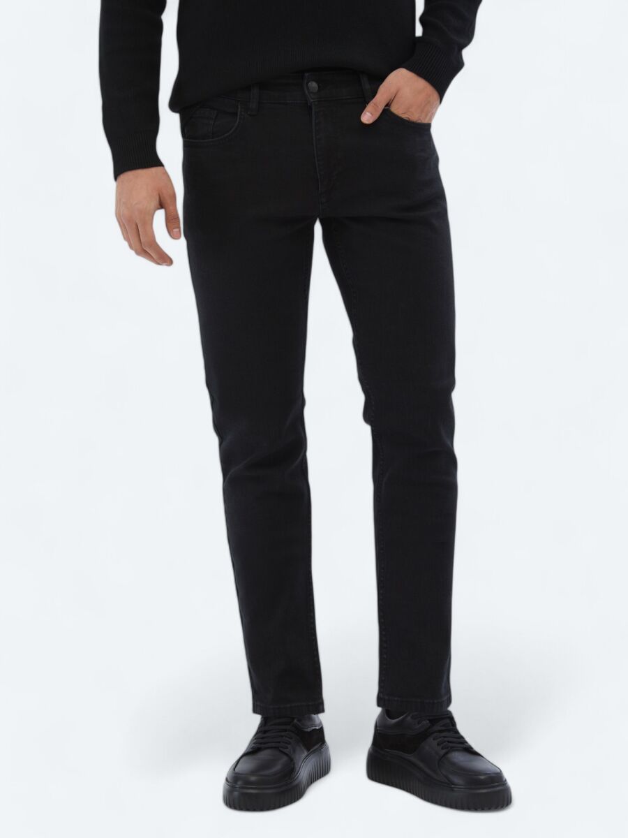 Black Slim Fit Denim Cotton Blended Trousers - 2