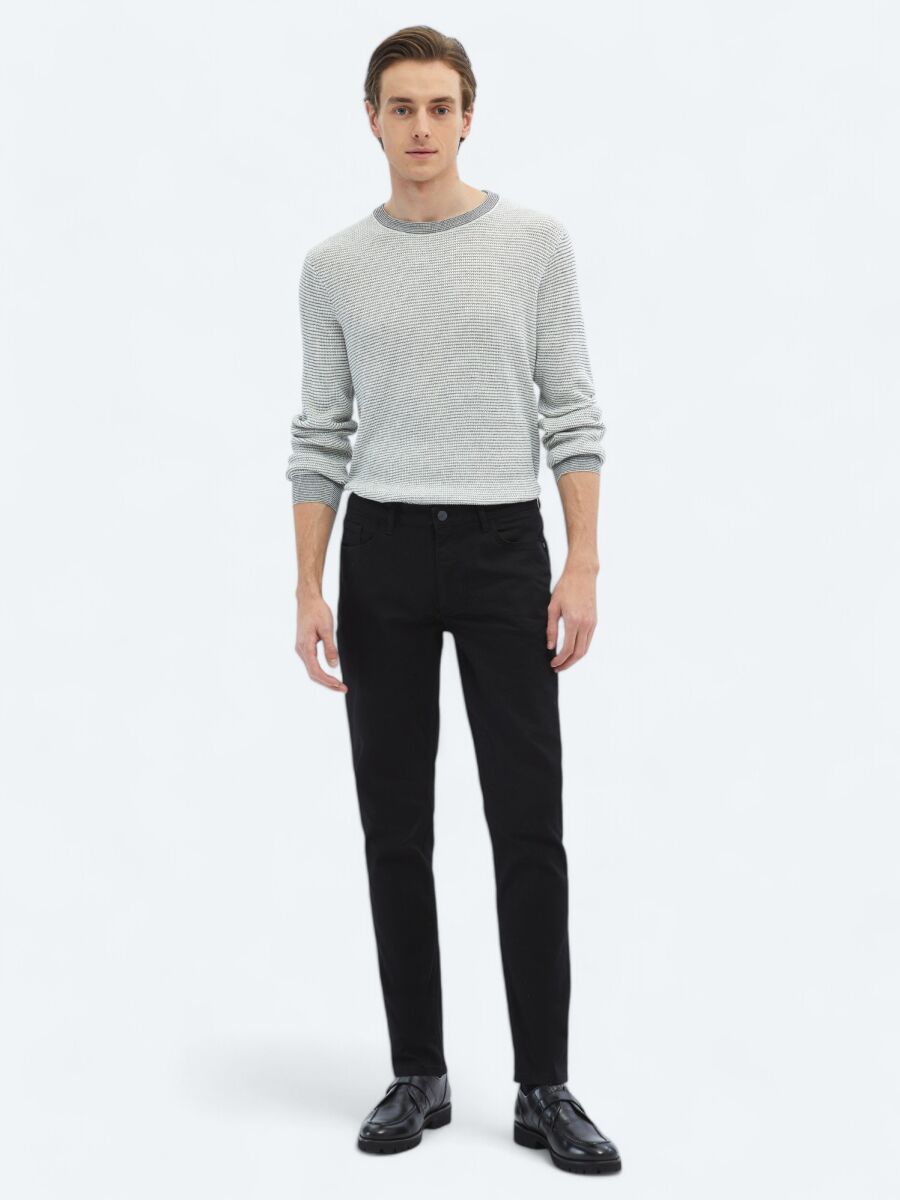 Black Slim Fit Denim Cotton Blended Trousers - 1