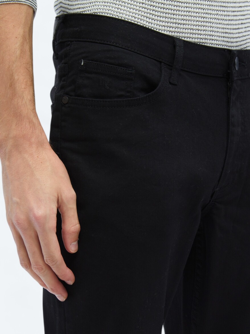 Black Slim Fit Denim Cotton Blended Trousers - 3