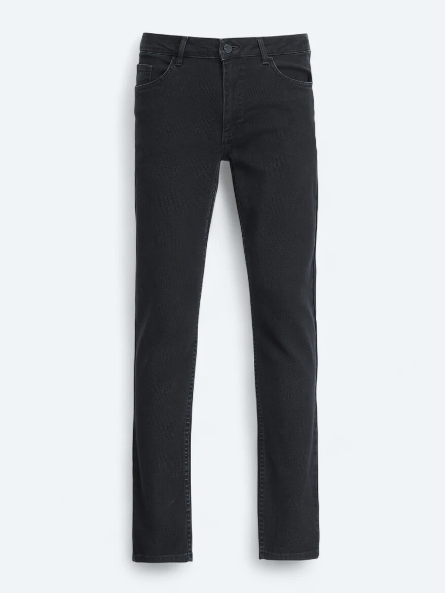 Black Slim Fit Denim Cotton Blended Trousers - KİP