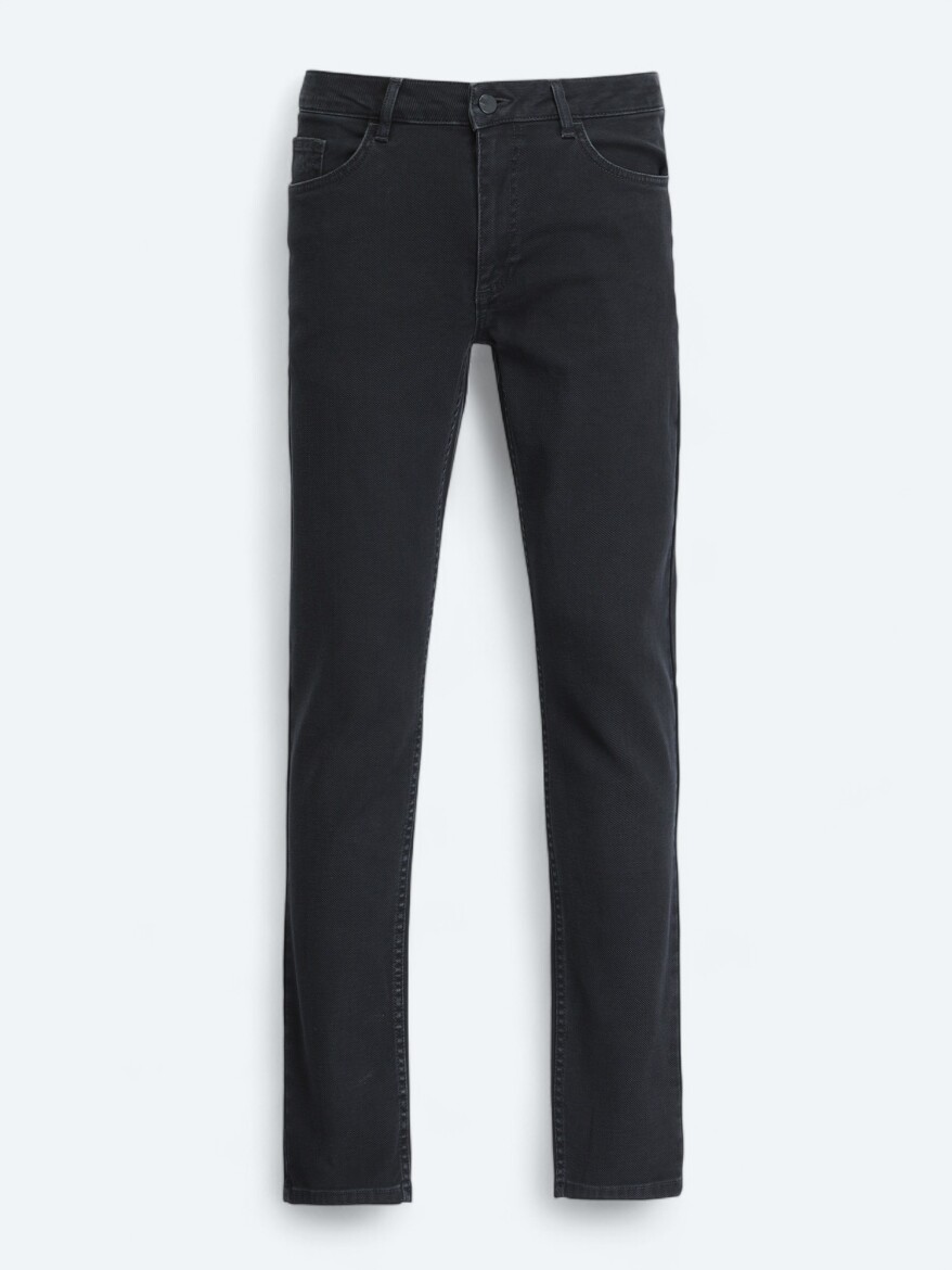 Black Slim Fit Denim Cotton Blended Trousers - 5