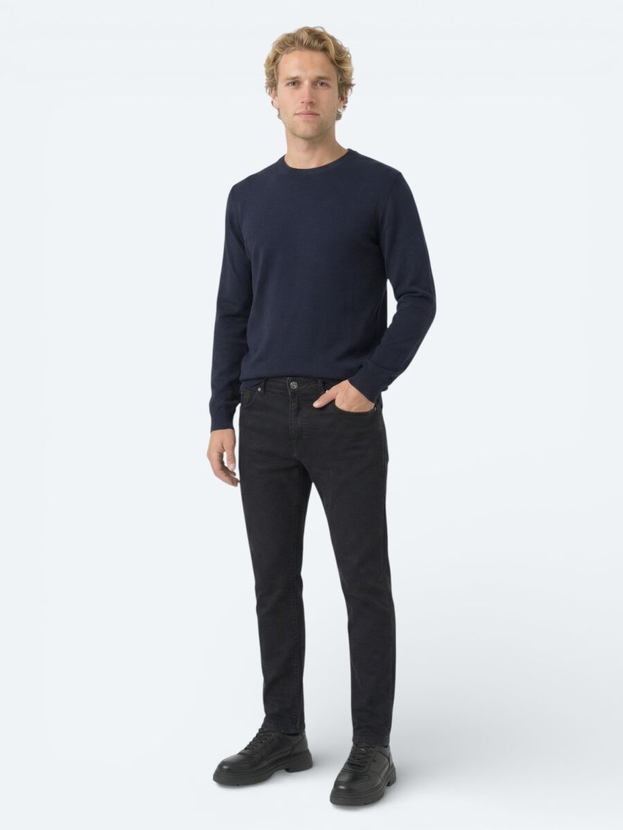 Black Slim Fit Denim Cotton Blended Trousers - 1