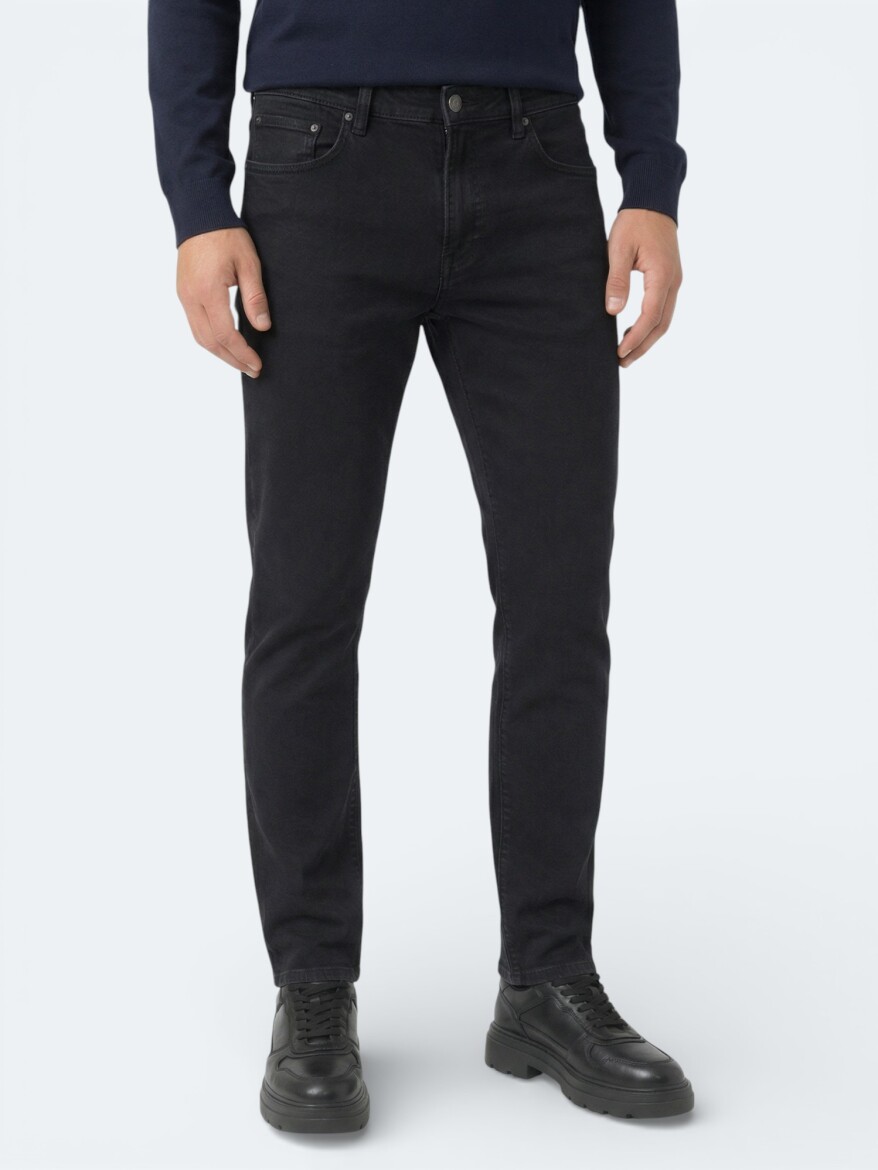 Black Slim Fit Denim Cotton Blended Trousers - 3
