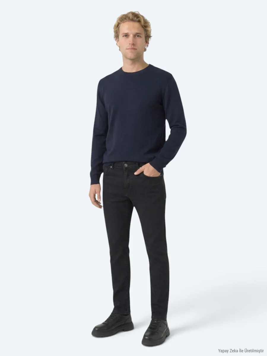 Black Slim Fit Denim Cotton Blended Trousers - 1