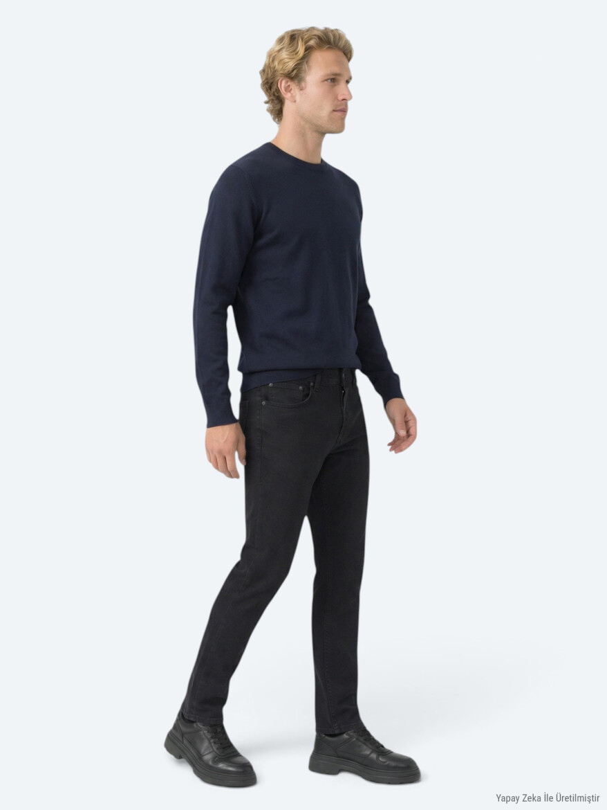 Black Slim Fit Denim Cotton Blended Trousers - 2