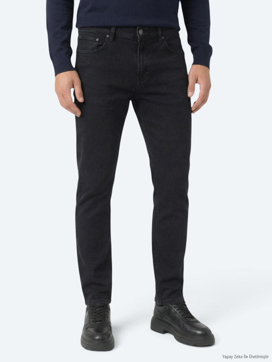 Black Slim Fit Denim Cotton Blended Trousers - 3