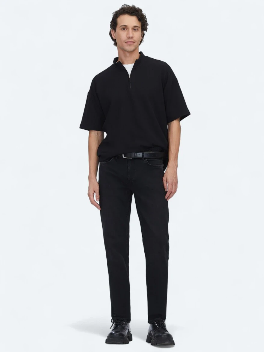 Black Slim Fit Denim Cotton Blended Trousers - KİP