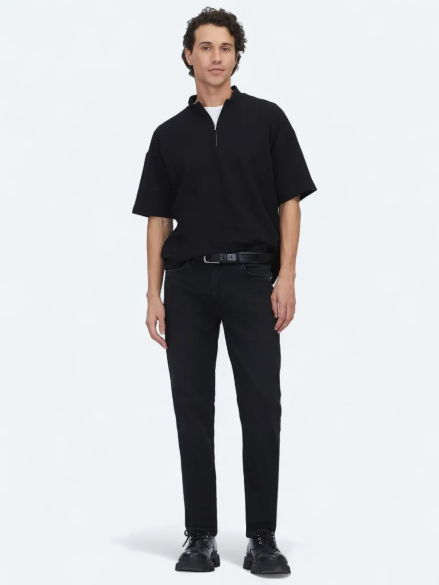 Black Slim Fit Denim Cotton Blended Trousers - 1