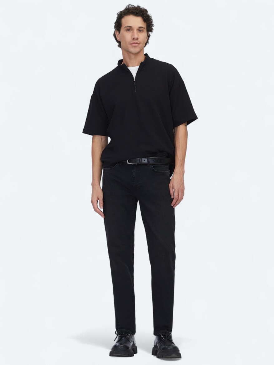 Black Slim Fit Denim Cotton Blended Trousers - KİP
