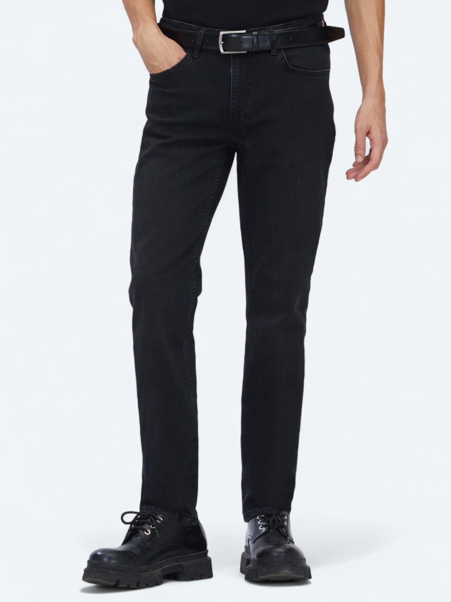 Black Slim Fit Denim Cotton Blended Trousers - KİP