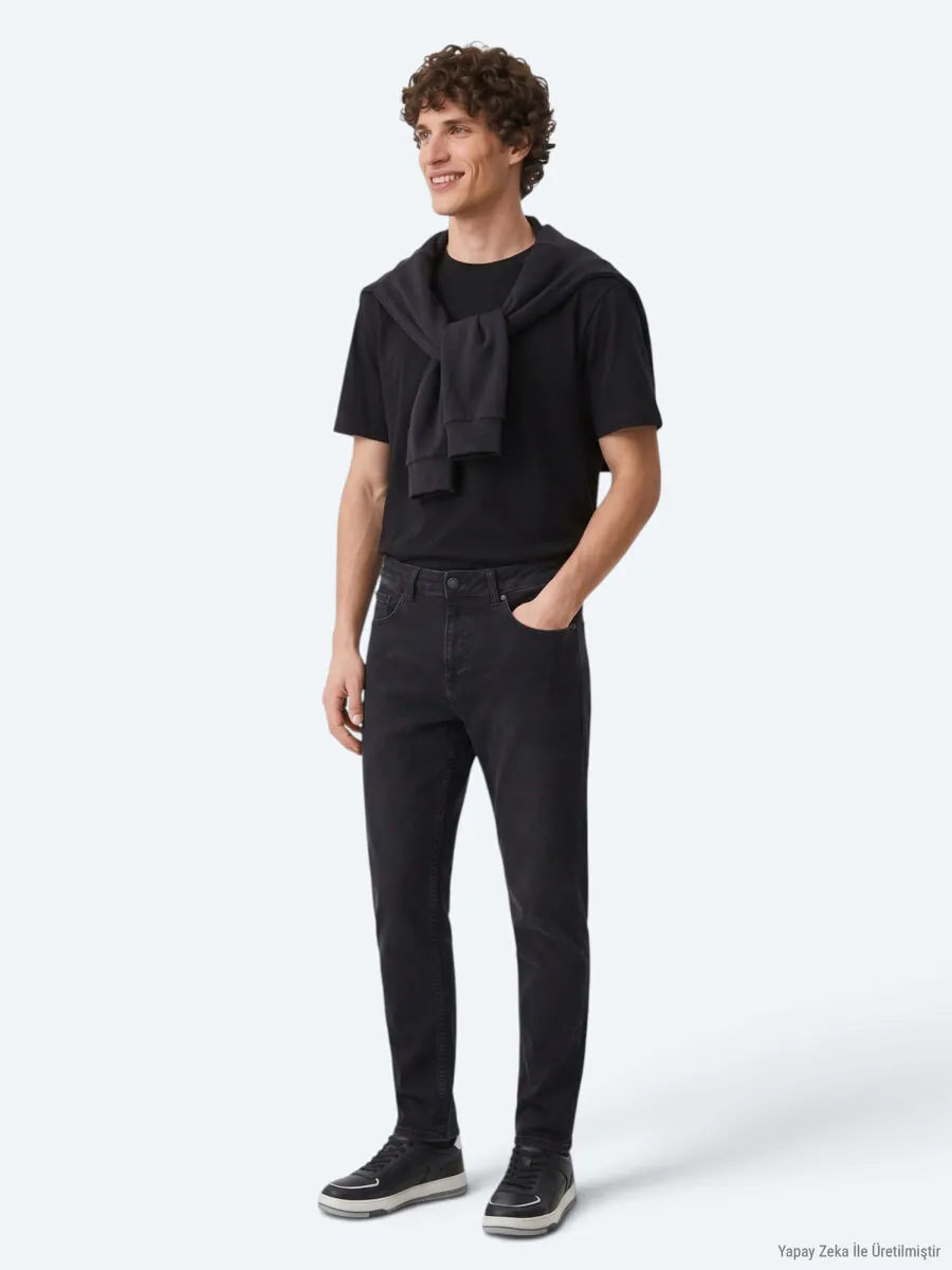 Black Slim Fit Denim Cotton Blended Trousers - 5
