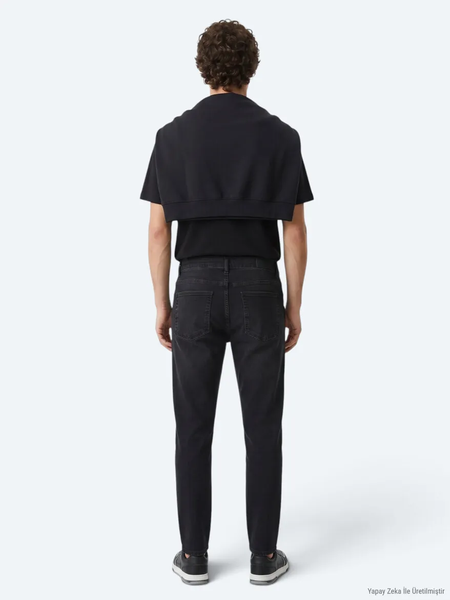 Black Slim Fit Denim Cotton Blended Trousers - 6