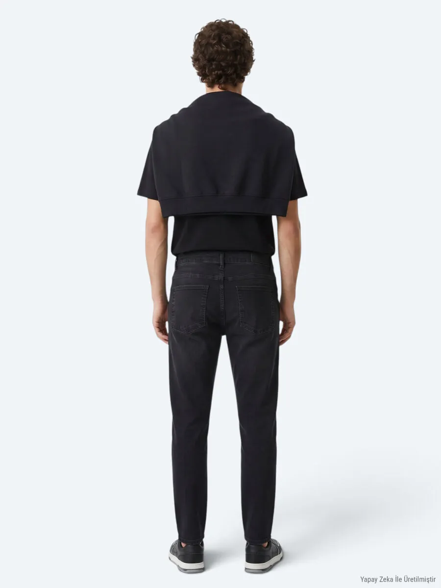 Black Slim Fit Denim Cotton Blended Trousers - 6