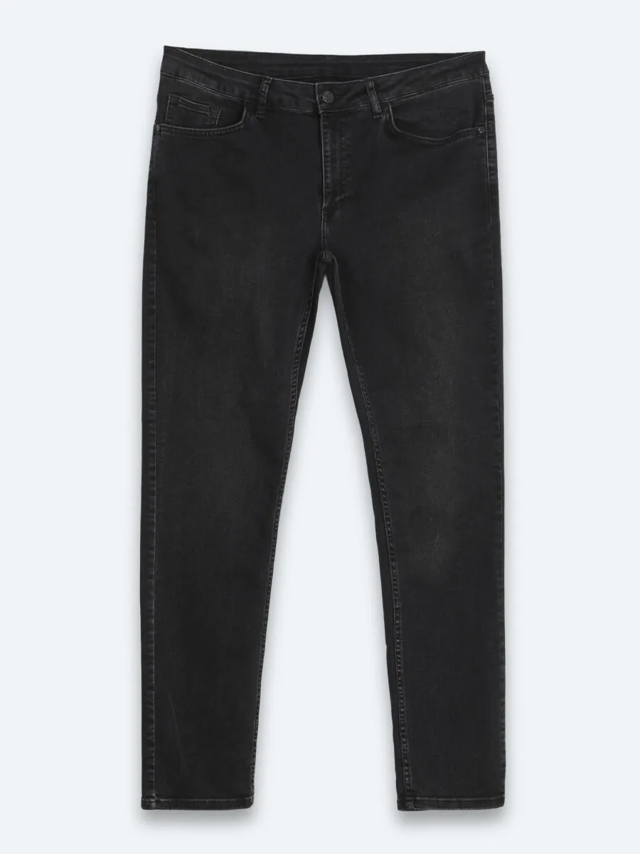Black Slim Fit Denim Cotton Blended Trousers - 7