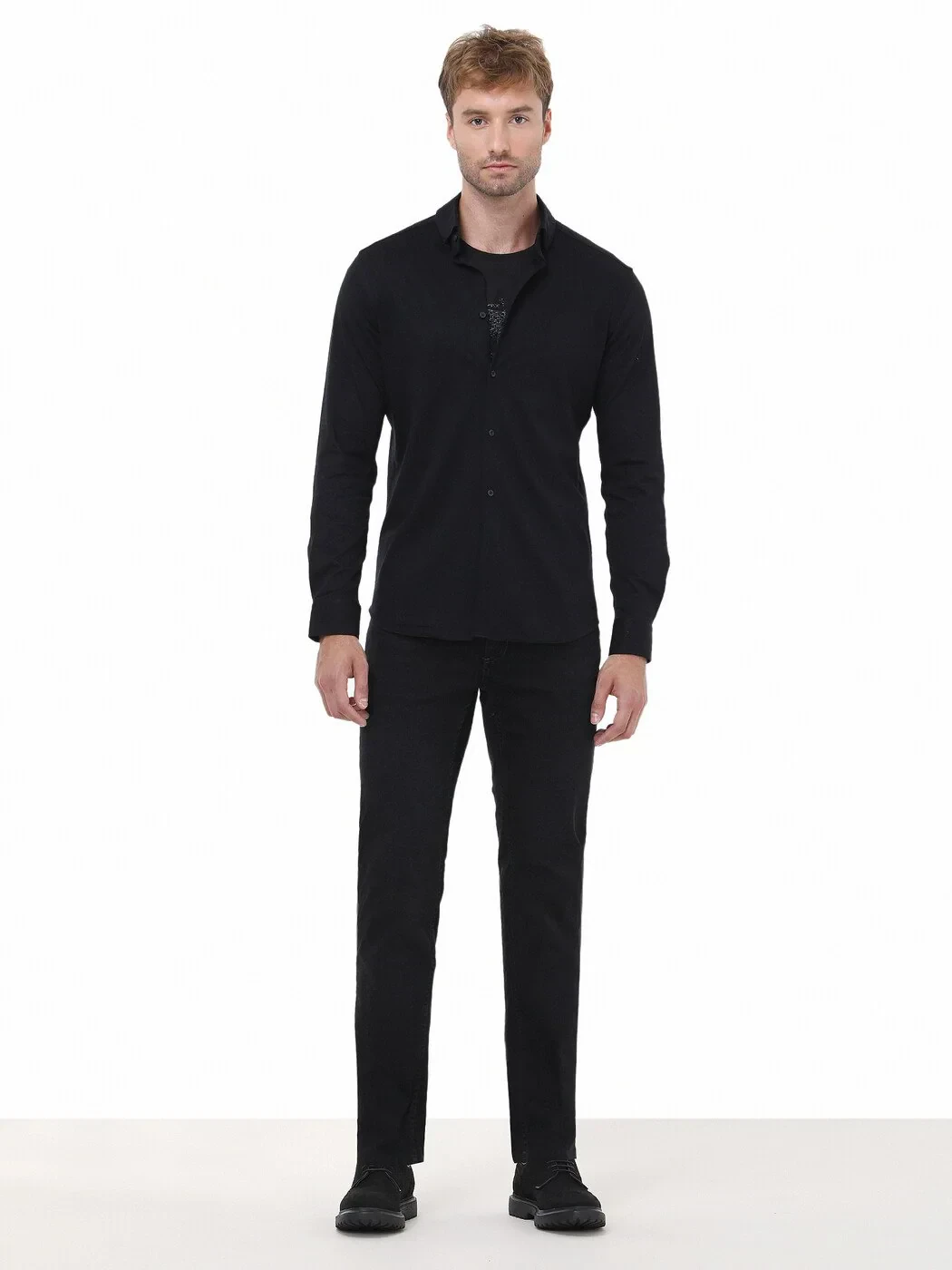 Black Slim Fit Knitting Casual 100% Cotton Shirt - 2