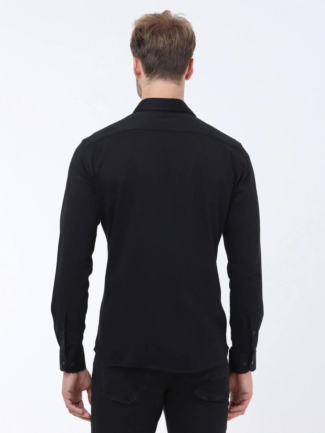 Black Slim Fit Knitting Casual 100% Cotton Shirt - 5
