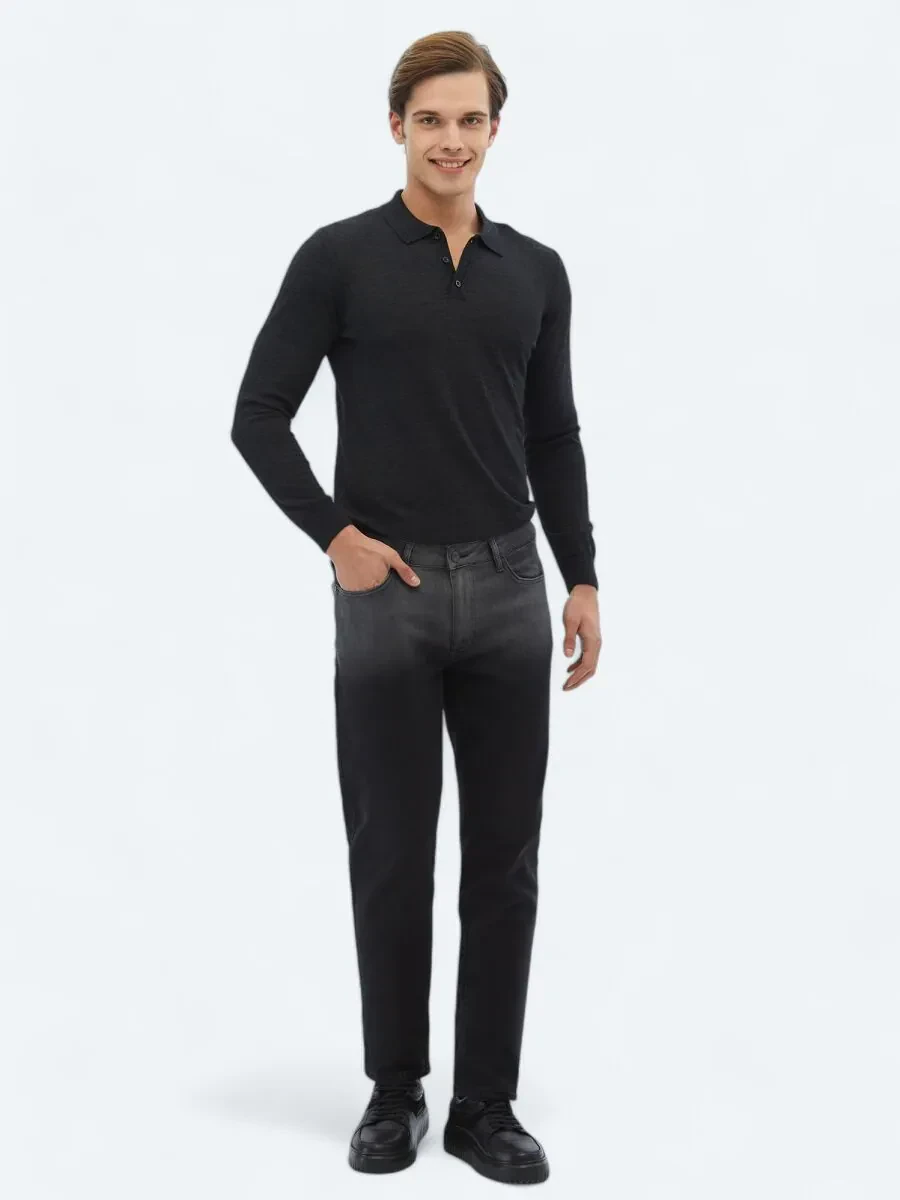 Black Slim Fit Recycled Denim Cotton Blended Trousers - 1