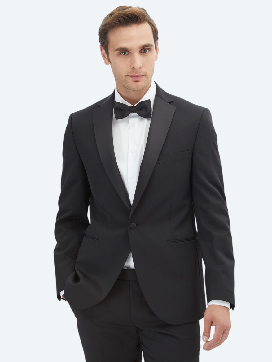 Black Slim Fit Removable Mono Collar Weaving Tuxedo - 1