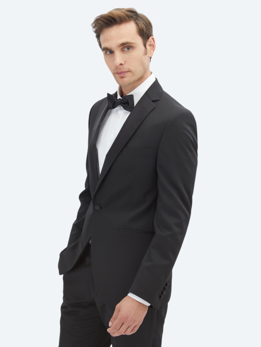 Black Slim Fit Removable Mono Collar Weaving Tuxedo - 3