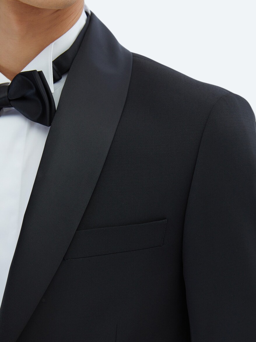 Black Slim Fit Removable Shawl Collar Weaving Tuxedo - 4